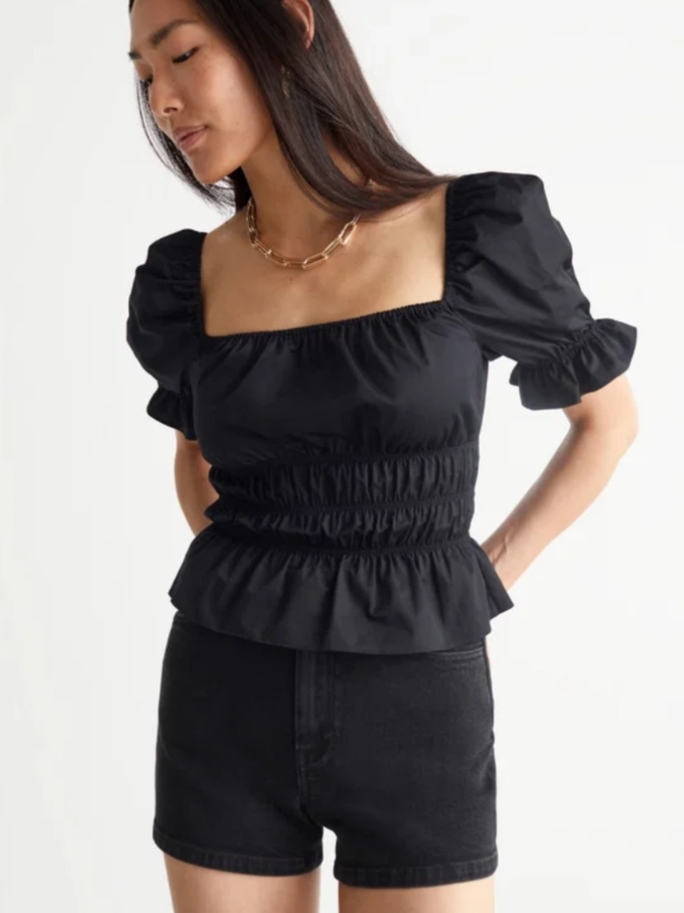 & Other Stories Black Puff Sleeve Cotton Ruffle Top